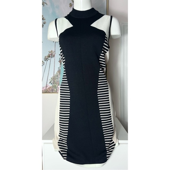 River Island White Black Geometric Stretch Bodycon Sweater Dress Size 12 Large - Picture 1 of 6
